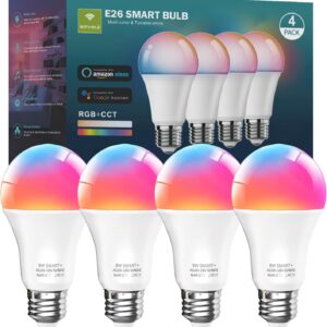 luckystyle Smart Light Bulbs, 9W A19 E26 800LM WiFi Bluetooth LED Bulbs Compatible with Alexa, Google Assistant & Home, 16 Million Colors Music Sync Color Changing Dimmable RGBWW Lights Bulb (4)