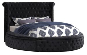 first of a kind circle velvet tufted upholstered platform storage bed, circle bed with button tufting and storage compartments in rails and footboard, circle bed frame (black, queen)