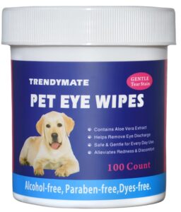 trendymate pet eye wipes for dogs & cats - gently remove tear stain, eye debris, discharge, mucus secretions - aloe & chamomile pet cleaning grooming deodorizing wipes for eyes, wrinkle, 100count