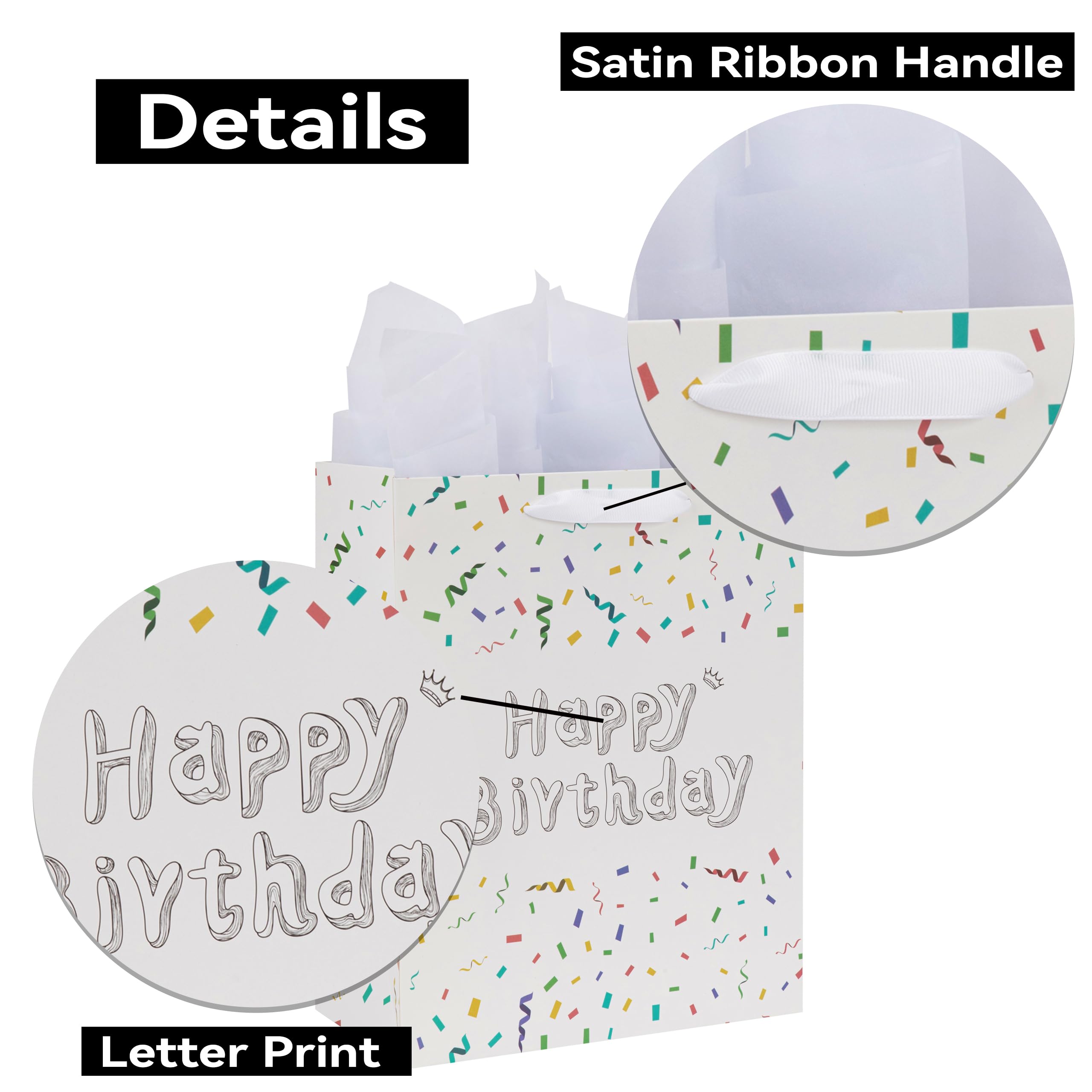 13" Large White Gift Bag Set with Greeting Card and Tissue Papers (Sketch-shaped Happy Birthday) for Women's or Men's Birthday Party, Girls', Boys' or Kids' Birthday Parties, Baby Shower, Baby Girl or Boy -10.2”x5.2”x13”,1 Pcs.