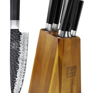 SHAN ZU 7-Piece Japanese Knife Set - 7 Layers 9Cr18MoV High Carbon Steel Kitchen Knife Set with Block and Sharpener,Ultra-Sharp Chef Knife Set with G10 Handle