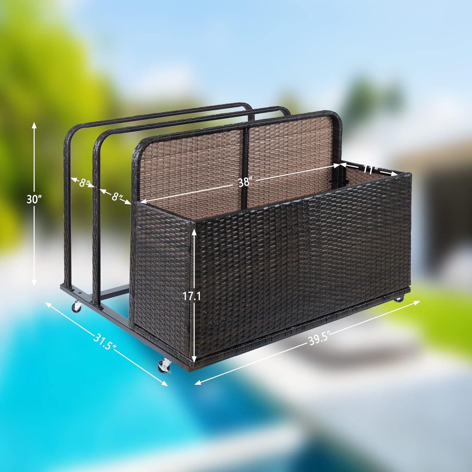 CuisinAid Outdoor Wicker Patio Poolside Float Storage with Rolling Wheels, Pool, Beach, Patio Storage Bin for Floaties, Pool Accessories and Patio Furniture Brown