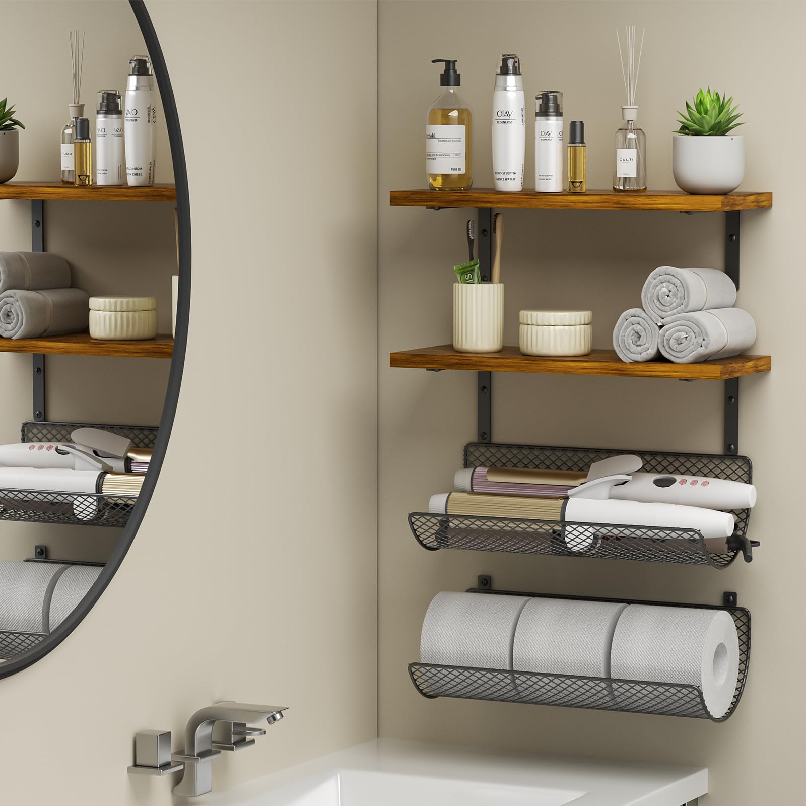 2+2 Wood Floating Shelves for Wall Decor,Bathroom Shelf Over Toilet with Hair Tool Organizer,Curling Iron Holder Wall Mounted,Bathroom Organizer for Hair Straighteners,Curling Wands，Toilet Paper