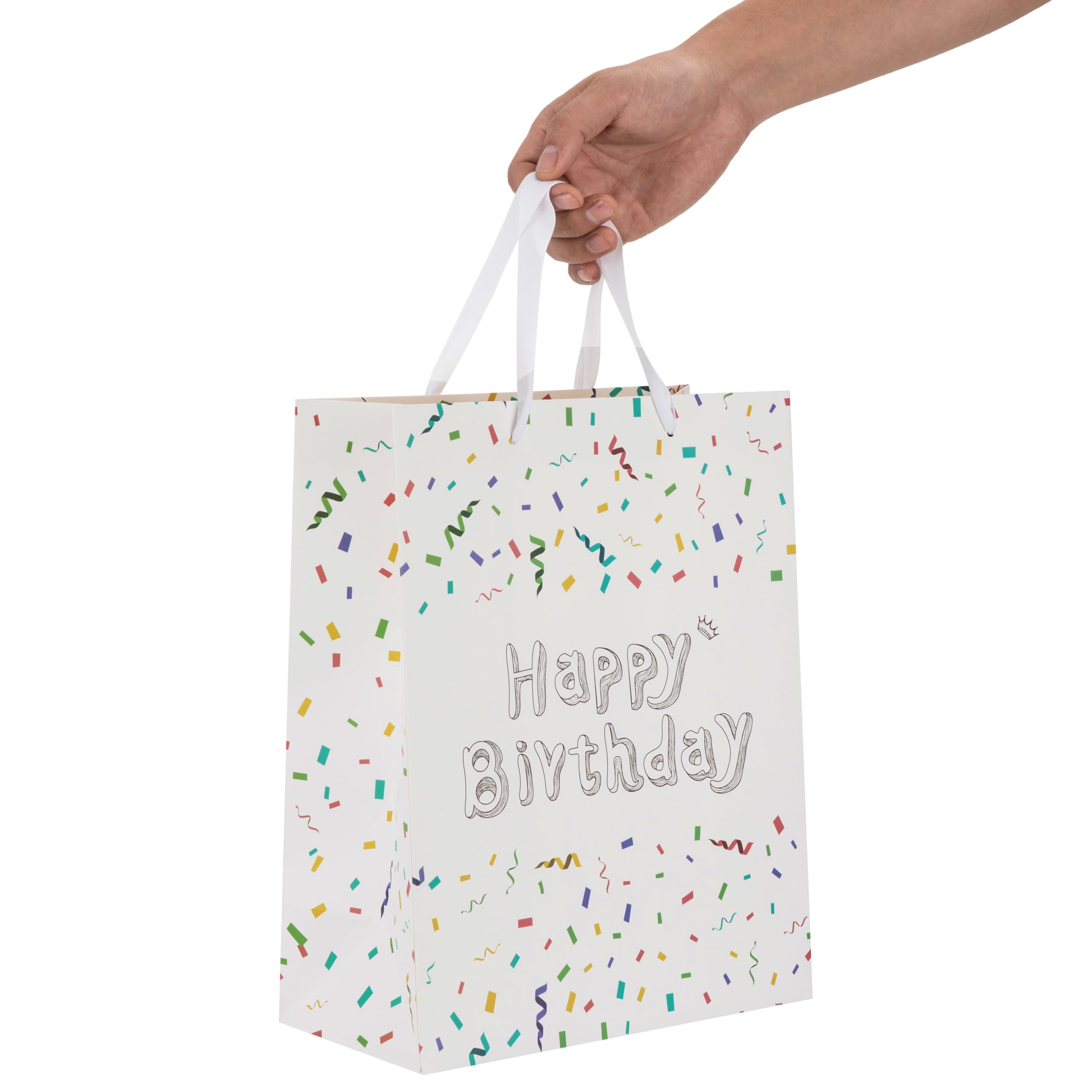 13" Large White Gift Bag Set with Greeting Card and Tissue Papers (Sketch-shaped Happy Birthday) for Women's or Men's Birthday Party, Girls', Boys' or Kids' Birthday Parties, Baby Shower, Baby Girl or Boy -10.2”x5.2”x13”,1 Pcs.