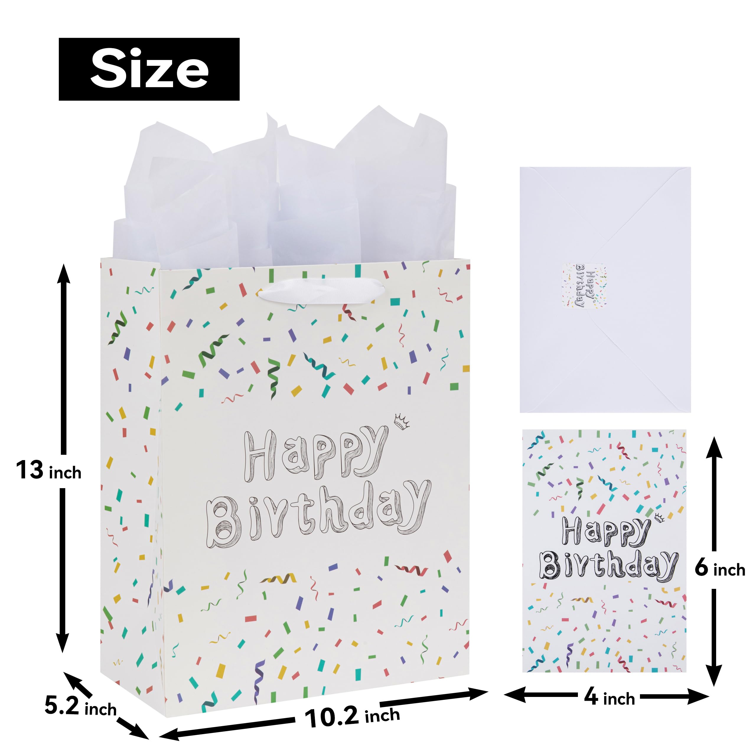 13" Large White Gift Bag Set with Greeting Card and Tissue Papers (Sketch-shaped Happy Birthday) for Women's or Men's Birthday Party, Girls', Boys' or Kids' Birthday Parties, Baby Shower, Baby Girl or Boy -10.2”x5.2”x13”,1 Pcs.