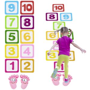 10 pcs number lattice floor sticker with 1 pair kids footprint stickers, funny number hopscotch game floor stickers wall decals for classroom bedroom living room ground corridor nursery