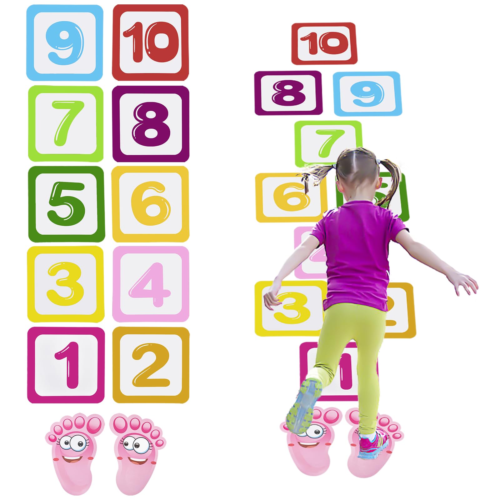 10 PCS Number Lattice Floor Sticker with 1 Pair Kids Footprint Stickers, Funny Number Hopscotch Game Floor Stickers Wall Decals for Classroom Bedroom Living Room Ground Corridor Nursery