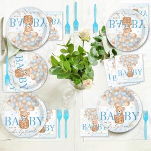 Fitumiw 96Pcs Blue Bear Baby Shower Party Tableware Supplies Bear Plates and Napkins We Can Bearly Wait Party Set Baby Shower Party Decorations for Boy Serve 24 Guests