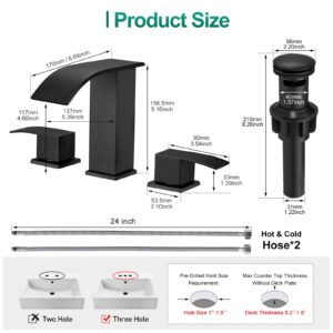 VOTON Waterfall Bathroom Faucets Black, Widespread Bathroom Sink Faucet 3 Hole with Drain Assembly, 8 Inch Modern Vanity 2-Handles Faucet