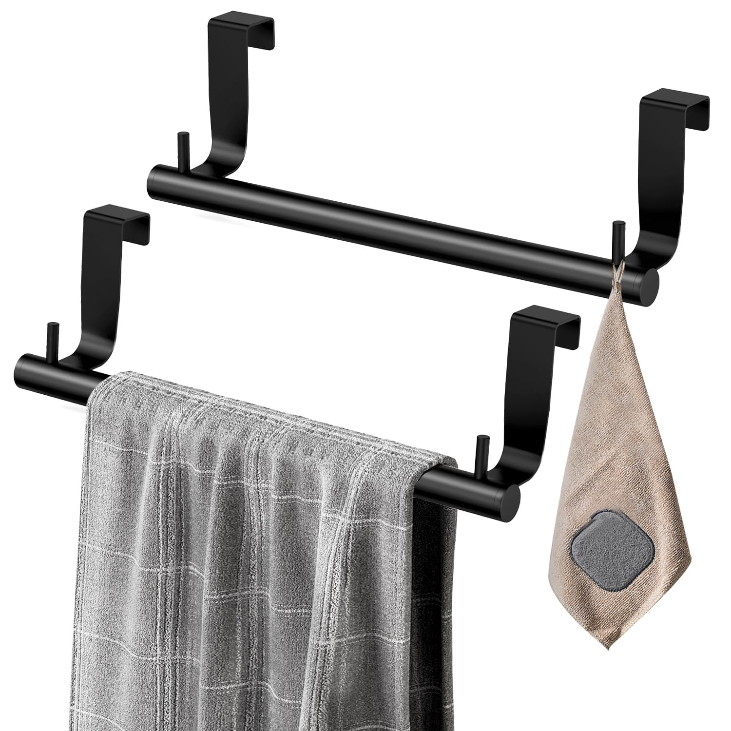 VEHHE Kitchen Towel Holder-2pcs, 9-Inches, Dish Towel Holder with 2 Hooks, Over Cabinet Towel Bar with EVA Foam Pads, Over The Door Towel Holder for Kitchen and Bathroom (Black)