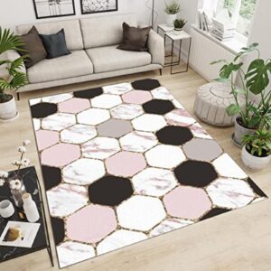 eboteb pink white black honeycomb pattern rug, geometric light luxury gold lines bedroom carpet, fluffy comfortable soft with rubber backing for living room hotel hallway girl room 2ftx3ft, style-2