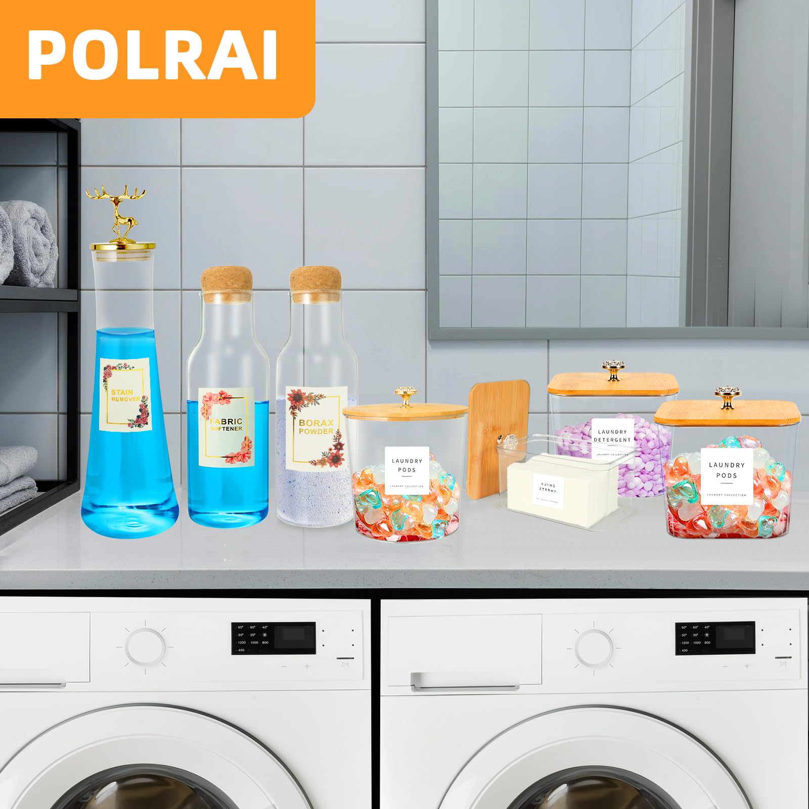 POLRAI 2 Pack Laundry Detergent Dispenser Transparent Laundry Liquid Containers Set Glass Jars Laundry Powder Containers with Lids and Labels for Laundry Room Organization and Storage