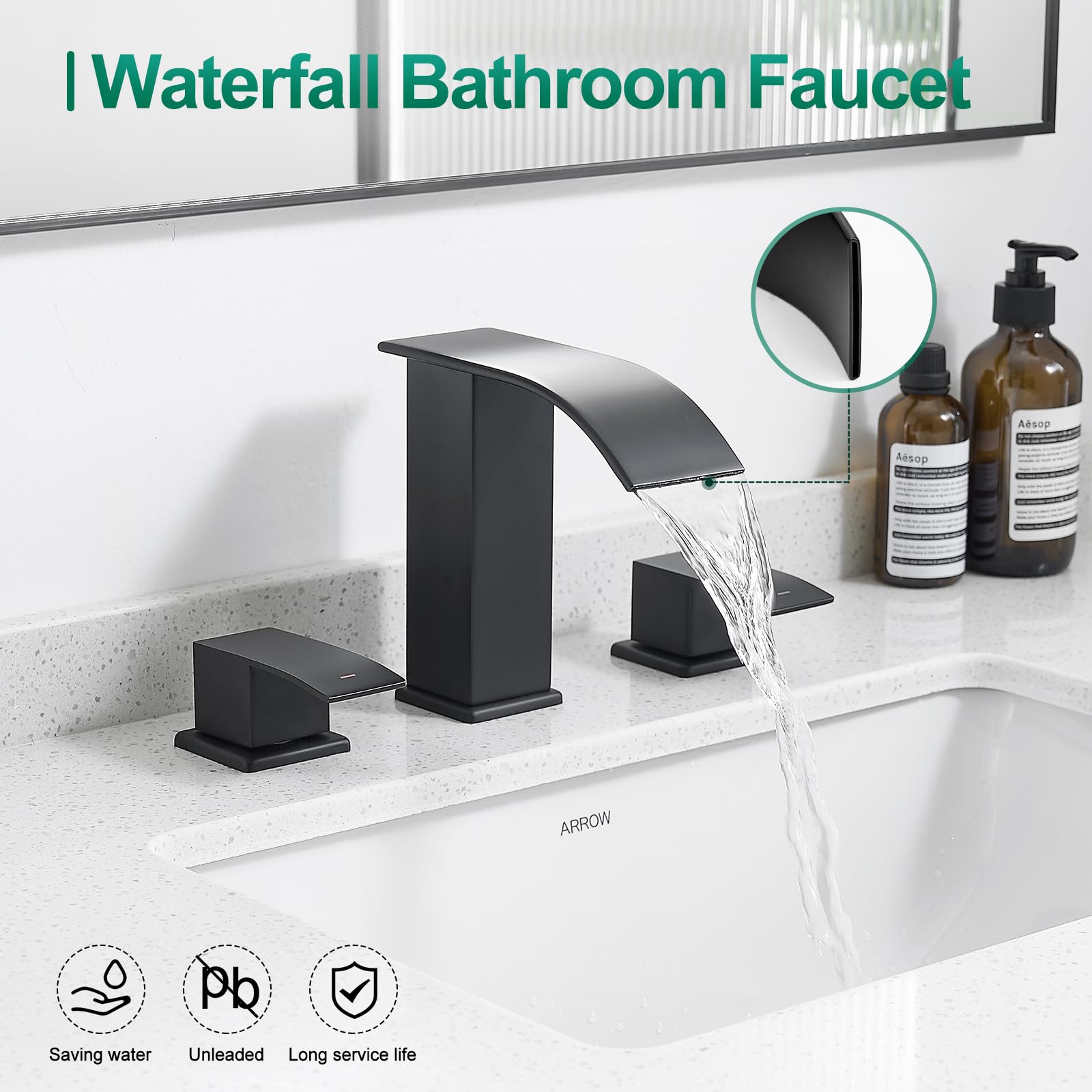 VOTON Waterfall Bathroom Faucets Black, Widespread Bathroom Sink Faucet 3 Hole with Drain Assembly, 8 Inch Modern Vanity 2-Handles Faucet