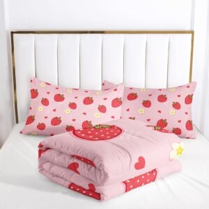 Nttopship Cute Strawberry Comforter Sets，Bedding Sets Full Size for Kids,Cute Strawberries and Flowers Comforter Sets All Season 1 Comforter and 2 Pillowcases