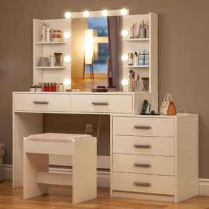 FIONESO Vanity Desk with Mirror & Lights, Makeup Vanity with 6 Drawers, 6 Open Shelves and Power Outlet, 48” Storage Makeup Vanity Desk with Stool Bench for Women, Girls, Bedroom, White