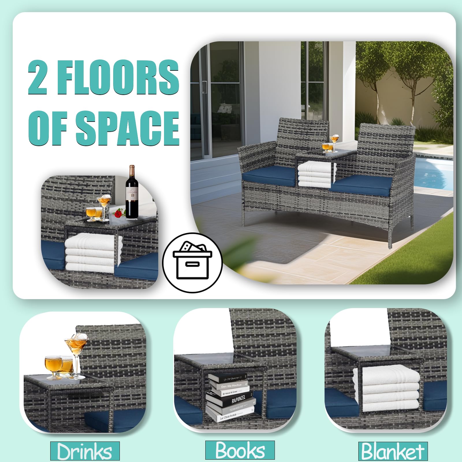 Pierybyt Patio Conversation Furniture Set Outdoor Patio Loveseat Rattan Chair Set with Cushions and Built-in Coffee Table Porch Furniture for Garden Lawn Backyard (Grey-Blue)