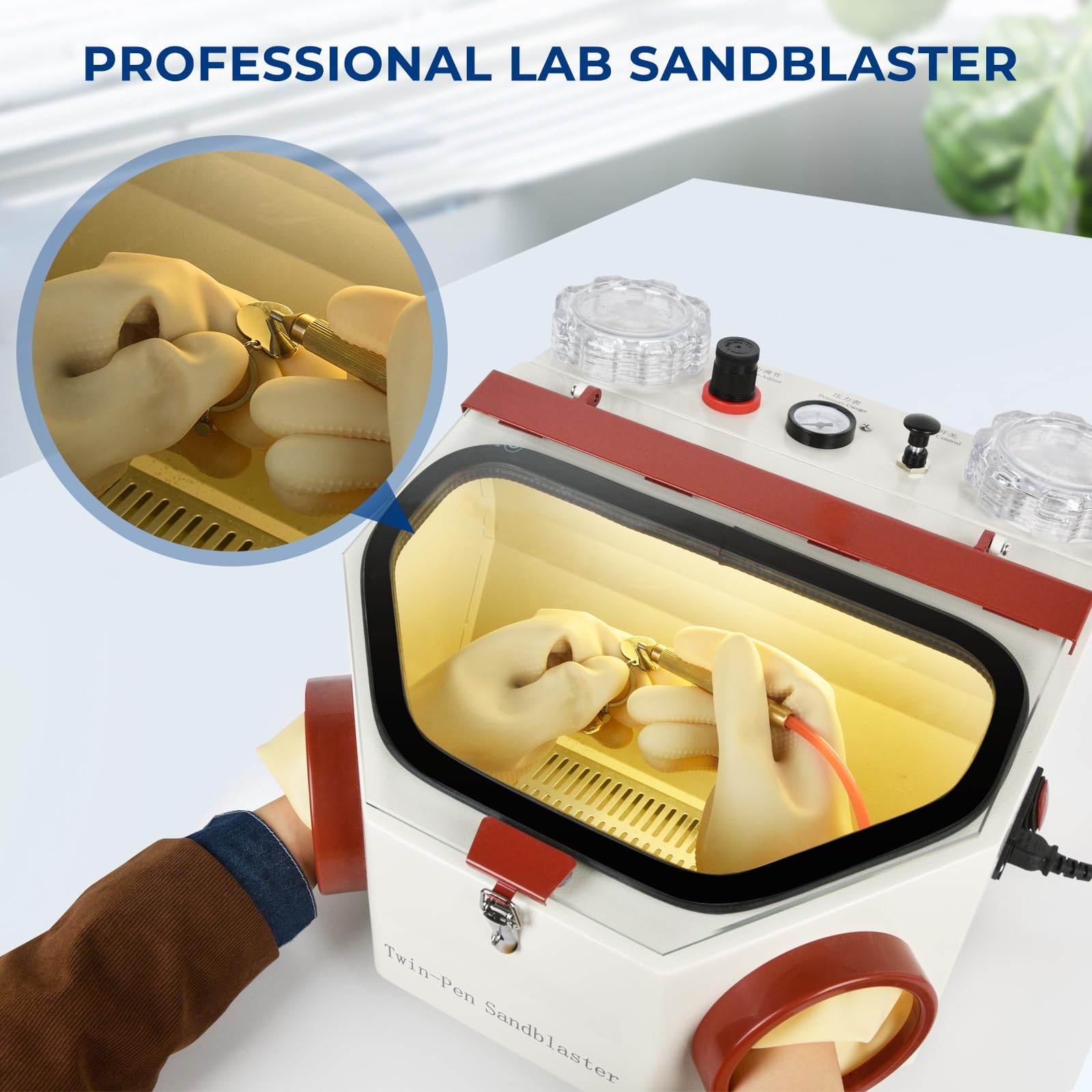 LZBP-VI 110V Sand Blaster with Dual Pens, LED Lights, and Glass Viewport for Material Restoration and Polishing Treatment