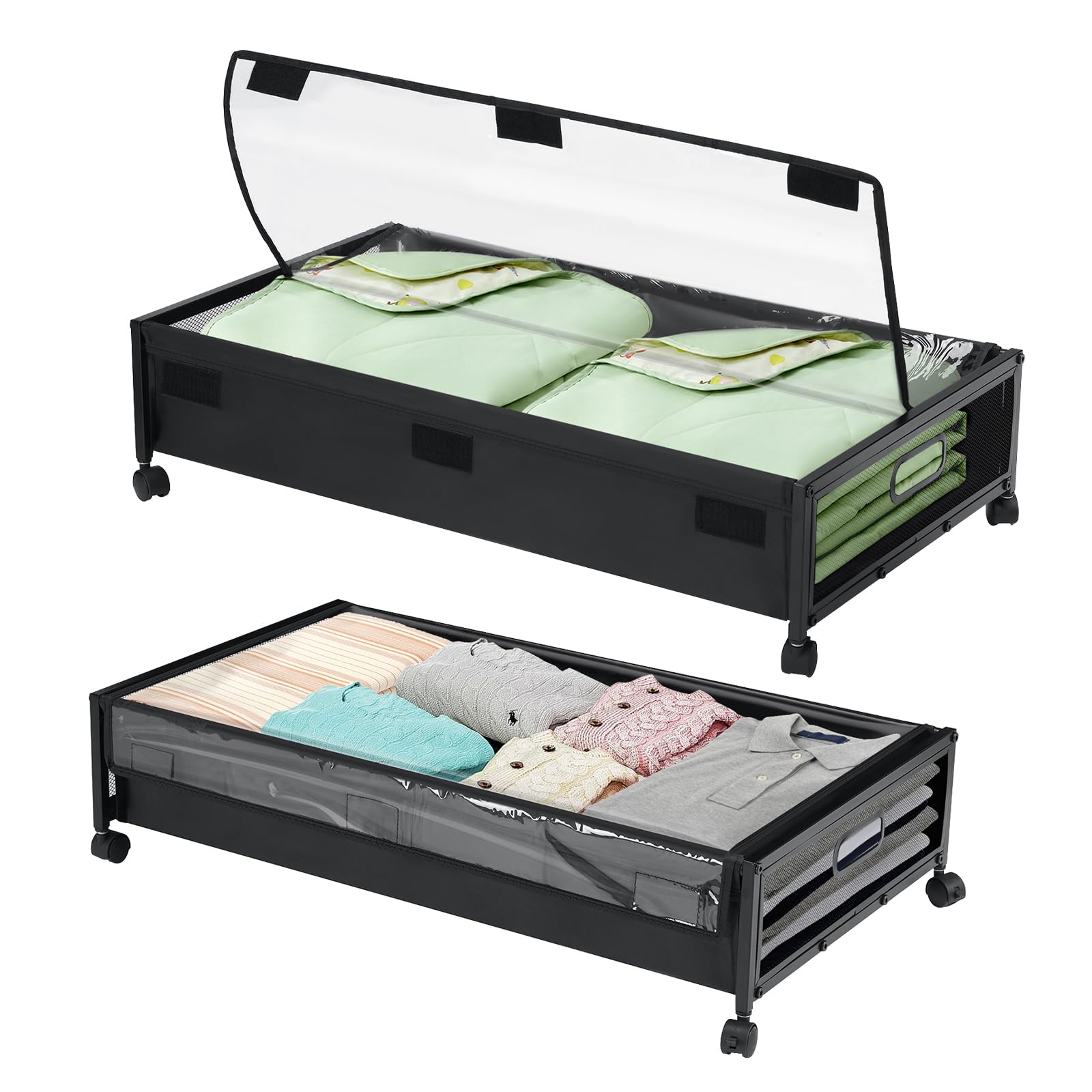 Honeier Under Bed Storage with Wheels 2 Pack, 45L Under Bed Storage Drawers with Clear Lid, Large Under Bed Storage Containers movable Storage Organizer for Bedding Duvets Blankets Clothes Shoes