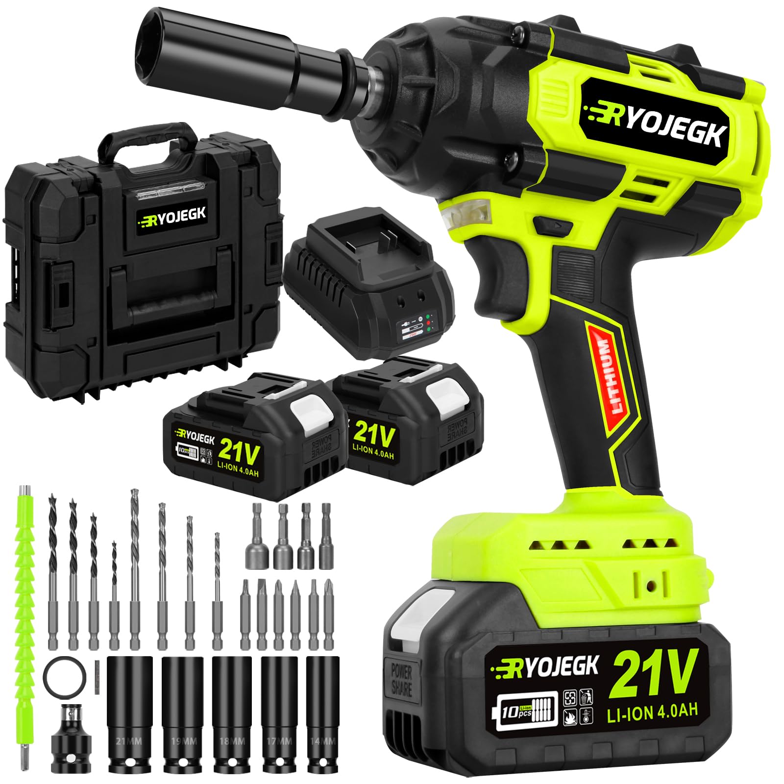 RYOJEGK 850N.m Cordless Impact Wrench Set, 1/2 inch 21V 640Ft-lbs Heavy Duty Impact Gun Kit, Brushless Llave De Impacto w/ 2 x 4.0Ah Battery, Pistola De Impacto for Home Car