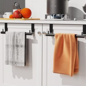 VEHHE Kitchen Towel Holder-2pcs, 9-Inches, Dish Towel Holder with 2 Hooks, Over Cabinet Towel Bar with EVA Foam Pads, Over The Door Towel Holder for Kitchen and Bathroom (Black)