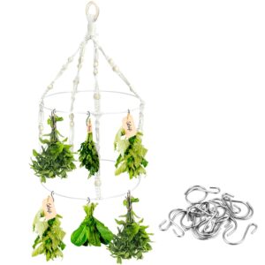 qwork dual layer bohemian herb drying rack - rustic beige handwoven cotton rope with wooden beads & solid wood ring - 15 stainless steel hooks for drying herbs, flowers, and buds