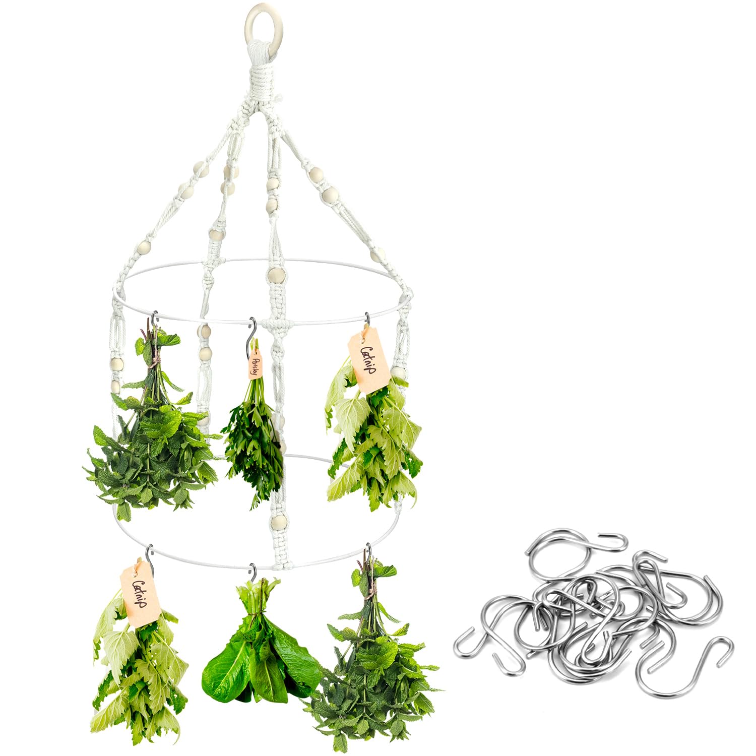 QWORK Dual Layer Bohemian Herb Drying Rack - Rustic Beige Handwoven Cotton Rope with Wooden Beads & Solid Wood Ring - 15 Stainless Steel Hooks for Drying Herbs, Flowers, and Buds