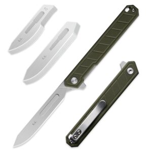 olitans g046 mecha mini slim folding scalpel with 5pcs #24 and 5pcs #60 g14 handle with liner lock, utility edc pocket knife with back clip（green）