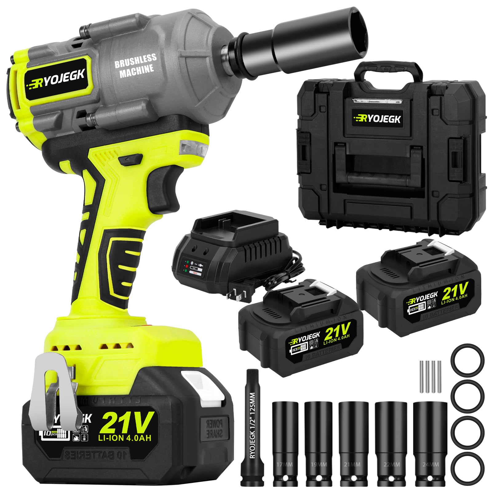 RYOJEGK 1000N.m(740ft-lbs) Cordless Impact Wrench, 21V 1/2”Brushless power Impact Gun, 0-4200 RPM w/ 2 x 4.0Ah Battery & Fast Charger & 5 Sockets, Pistola De Impacto for Car Truck Home