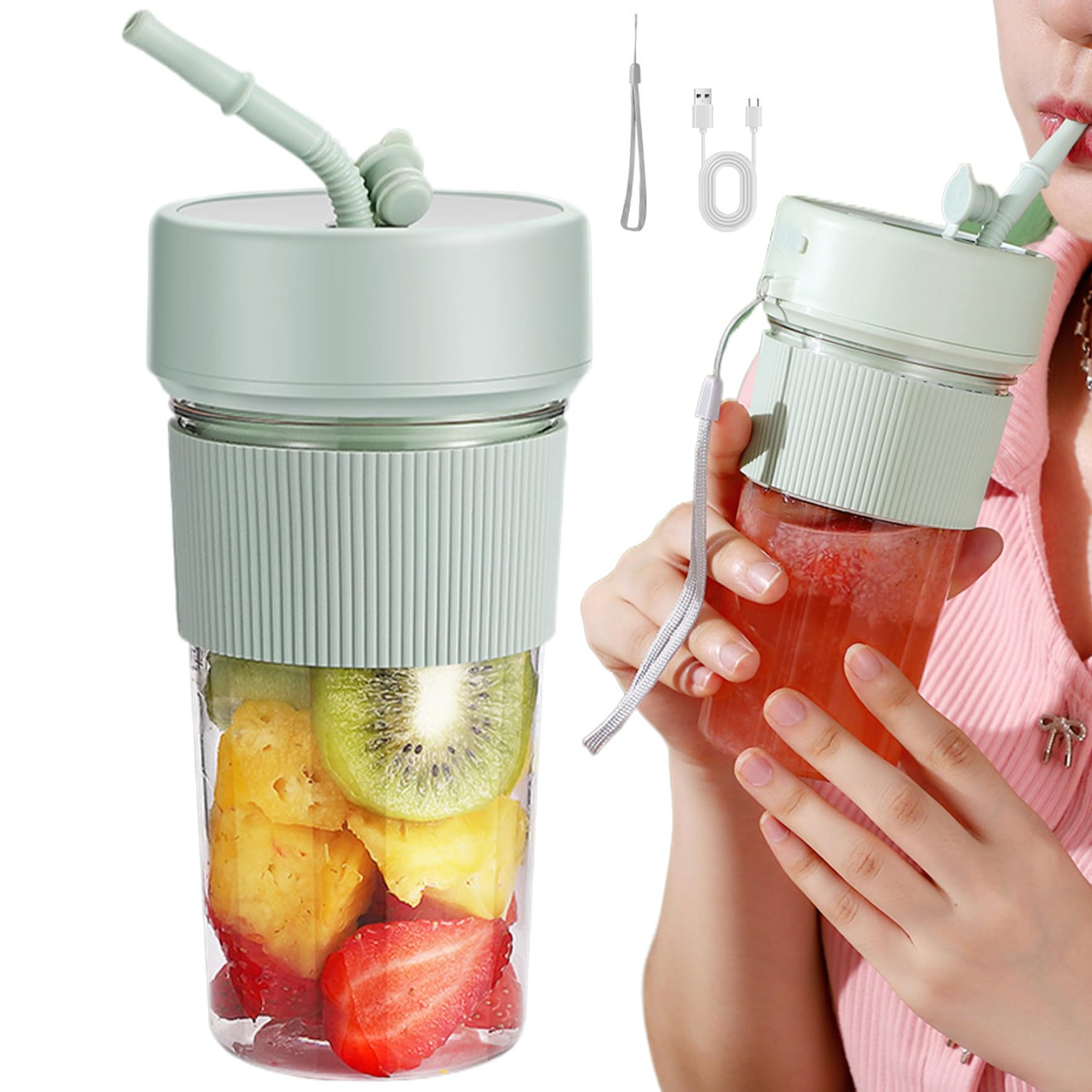 Portable Juicer, 350ml USB BPA-Free Mini Portable Blender Cup with Straw & 6 Stainless Steel Blades, Leakproof Personal Size Blending Cup for Kitchen Travel Gym Creamy(Green)