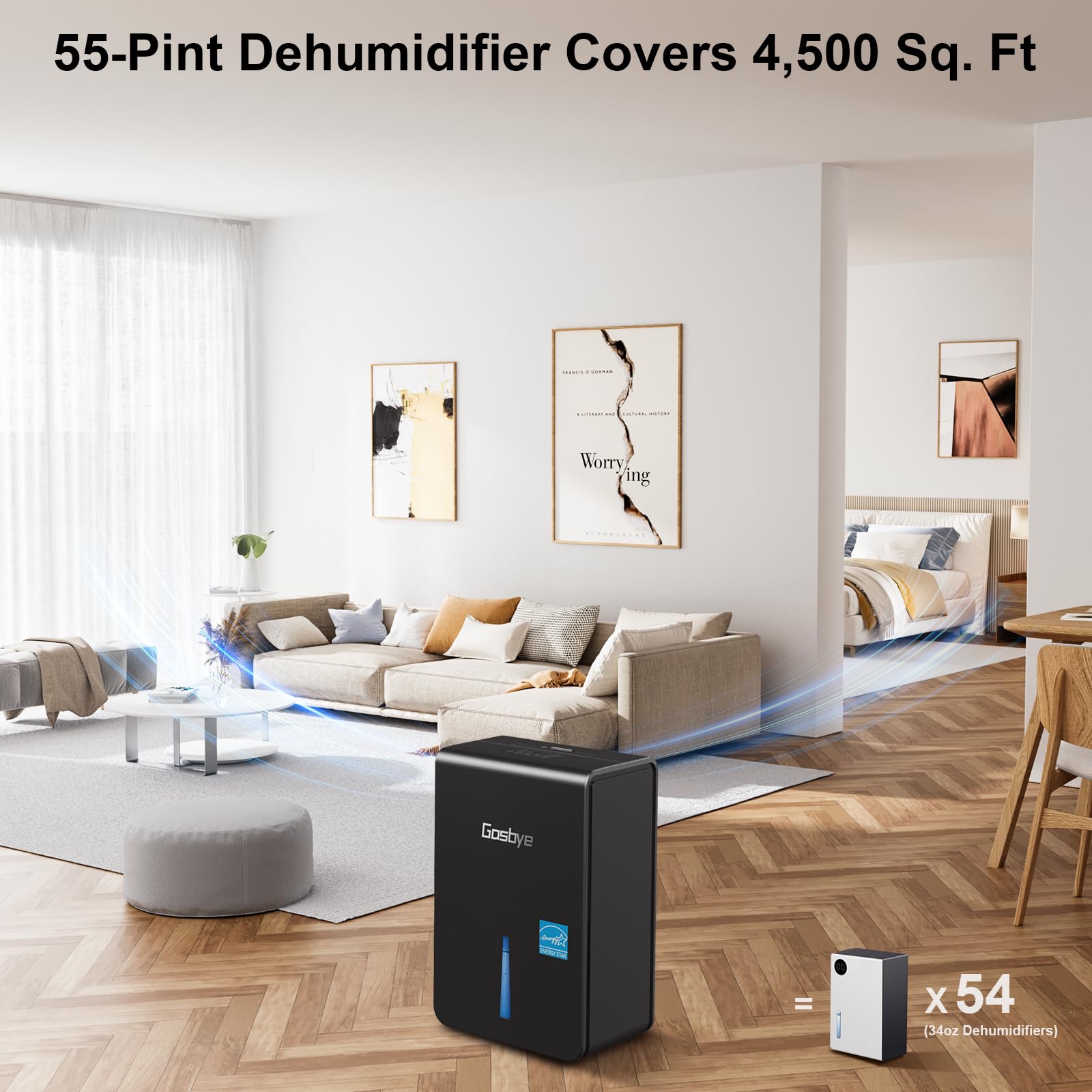 Gasbye 4500 Sq. Ft. Energy Star Dehumidifier for Basement with Drain Hose, Max 115 Pints/Day Dehumidifier for Large Room, Powerful Humidity Control, Easy Drainage, Auto-restart, Black