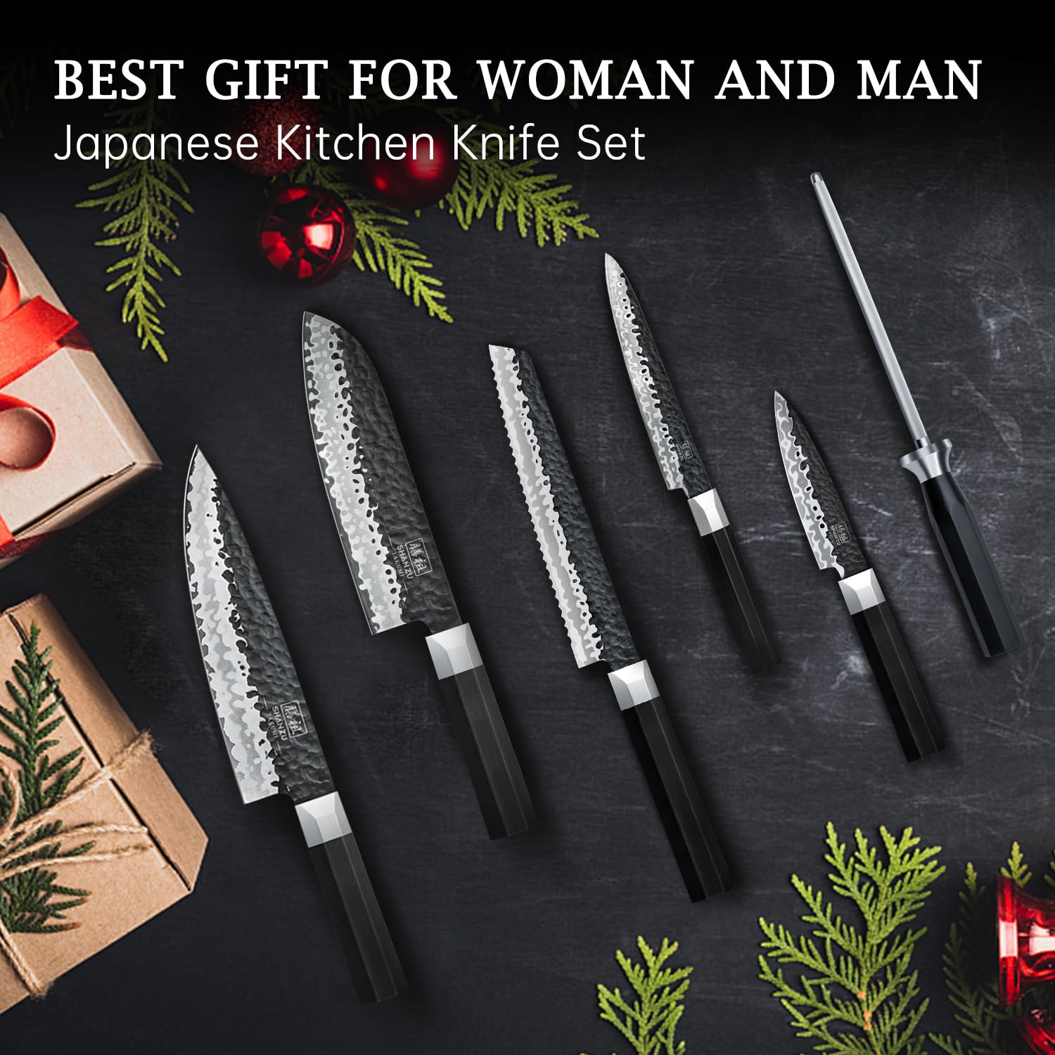 SHAN ZU 7-Piece Japanese Knife Set - 7 Layers 9Cr18MoV High Carbon Steel Kitchen Knife Set with Block and Sharpener,Ultra-Sharp Chef Knife Set with G10 Handle