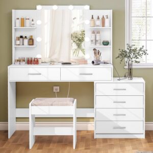 fioneso vanity desk with mirror & lights, makeup vanity with 6 drawers, 6 open shelves and power outlet, 48” storage makeup vanity desk with stool bench for women, girls, bedroom, white