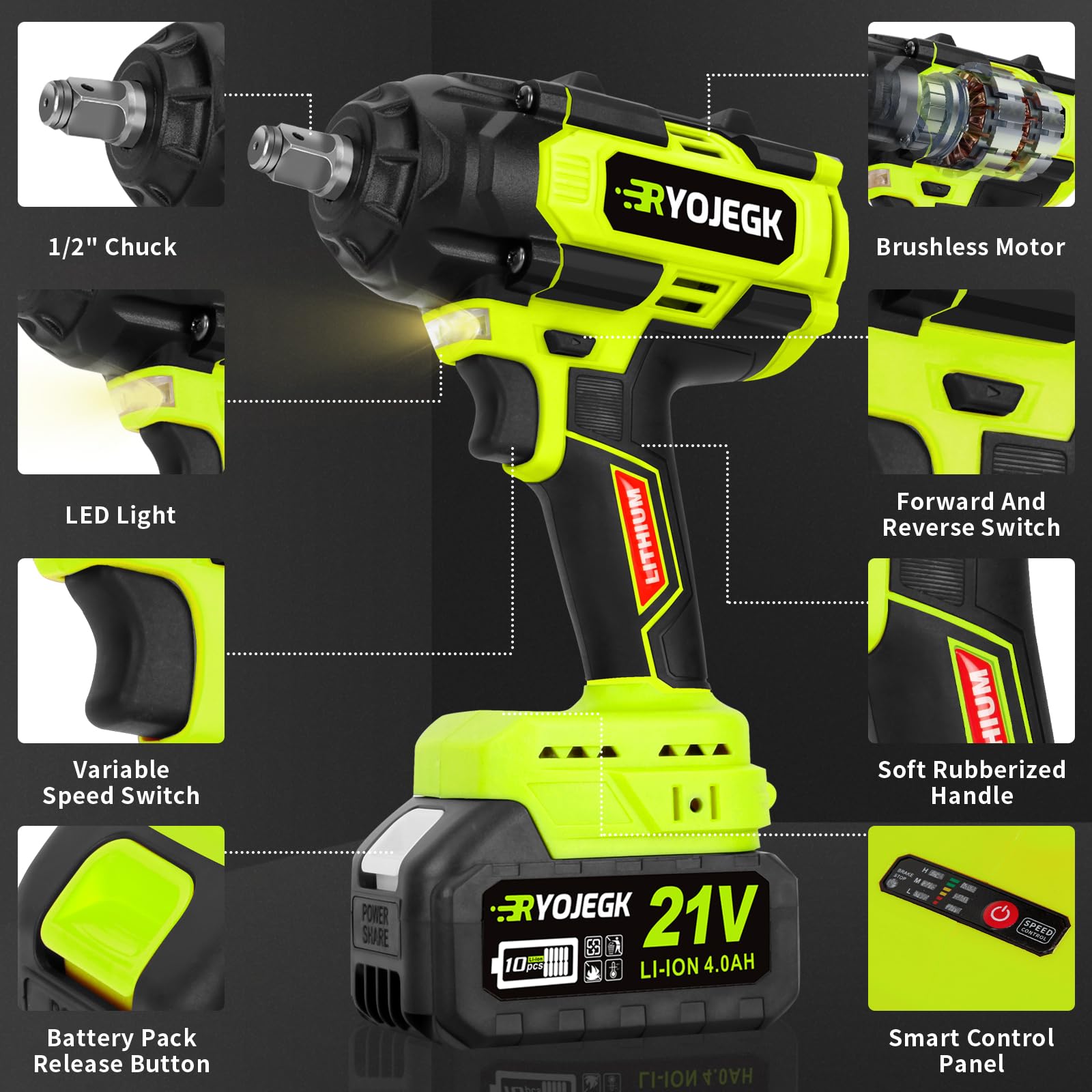 RYOJEGK 850N.m Cordless Impact Wrench Set, 1/2 inch 21V 640Ft-lbs Heavy Duty Impact Gun Kit, Brushless Llave De Impacto w/ 2 x 4.0Ah Battery, Pistola De Impacto for Home Car