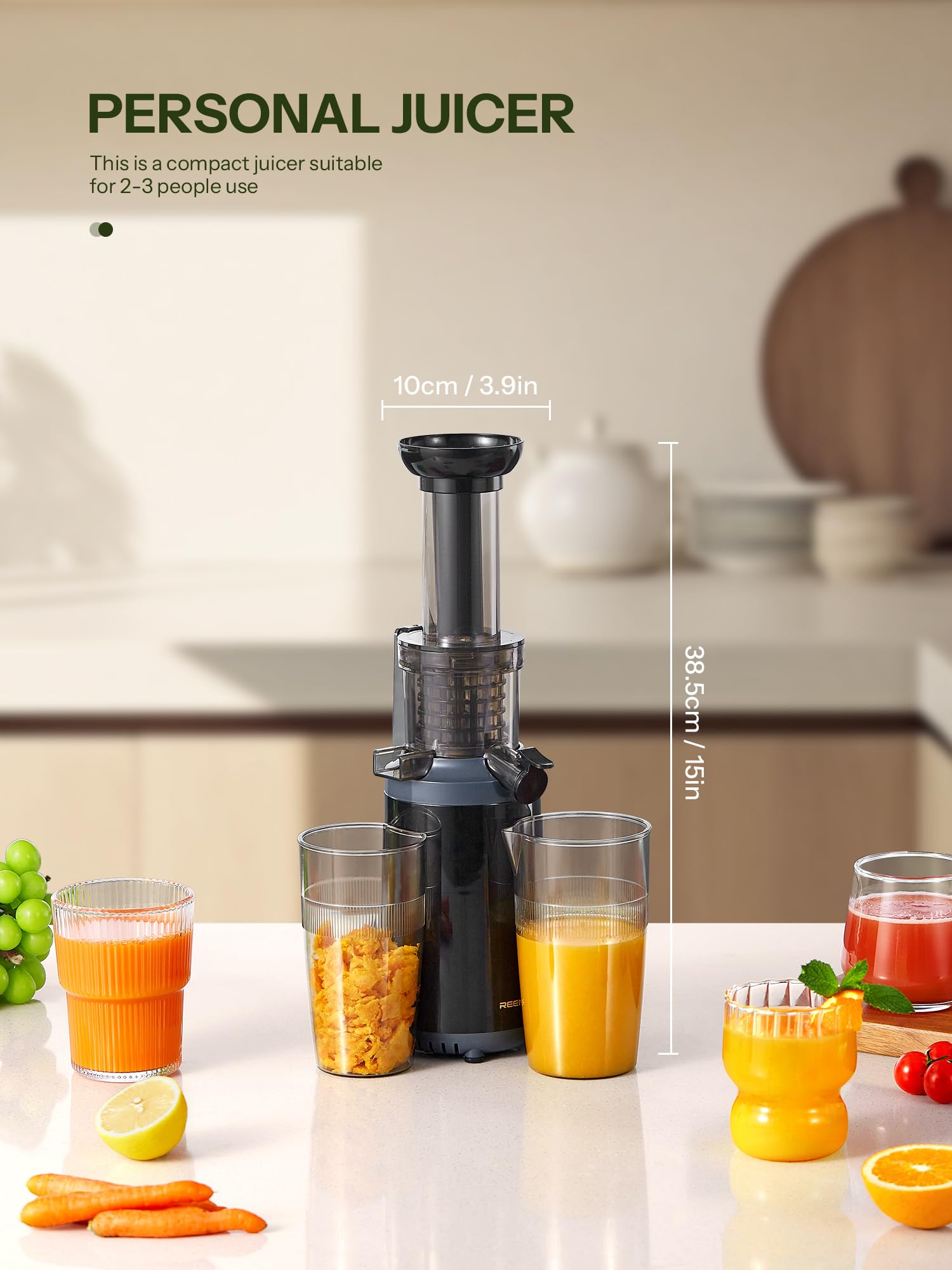 Masticating Juicer Machines, Reemix Cold Press juicer Machine Compact Size, Juice Extractor, Nutrient and Vitamin Dense, BPA-Free Tritan, Easy to Clean (Black)