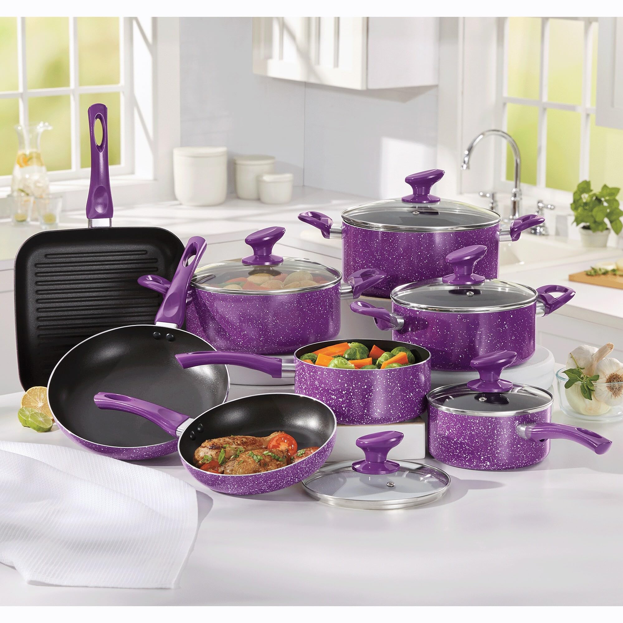 Montgomery Ward 13-Piece Speckled Granite Aluminum Cookware Set, Nonstick, Contains: Saucepans, Grill Pan, Skillets & Dutch Ovens, Purple