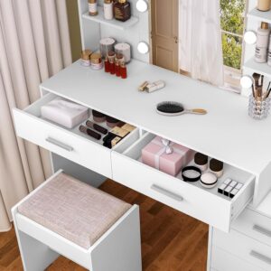 FIONESO Vanity Desk with Mirror & Lights, Makeup Vanity with 6 Drawers, 6 Open Shelves and Power Outlet, 48” Storage Makeup Vanity Desk with Stool Bench for Women, Girls, Bedroom, White