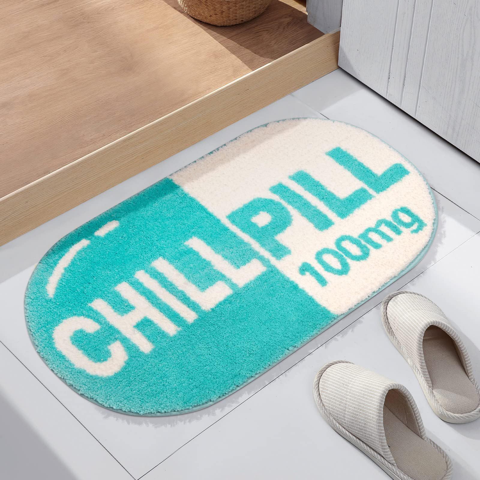 Microfiber Plush Chill Pill Rug, Super Soft and Absorbent Chill Pill Bath Mat Machine Washable, Preppy Room Decor Cute Aesthetic, 16x28 in, Blue