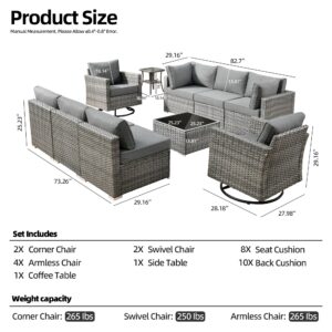 CAODOC Patio Furniture Set, 10 Piece Outdoor Sofa Couch with Rocker Swivel Chairs, Ottomans and Cushions, Wicker Rattan Sofa Set for Yard Garden Porch, Dark Gray