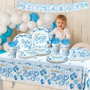 Blue Baby Shower Decorations for Boy, It's a Boy Baby Shower Party Supplies with Baby Boy Plates Napkins Cups Banner Tablecloth for Baby Boy Gender Reveal Baby Shower Party Decor