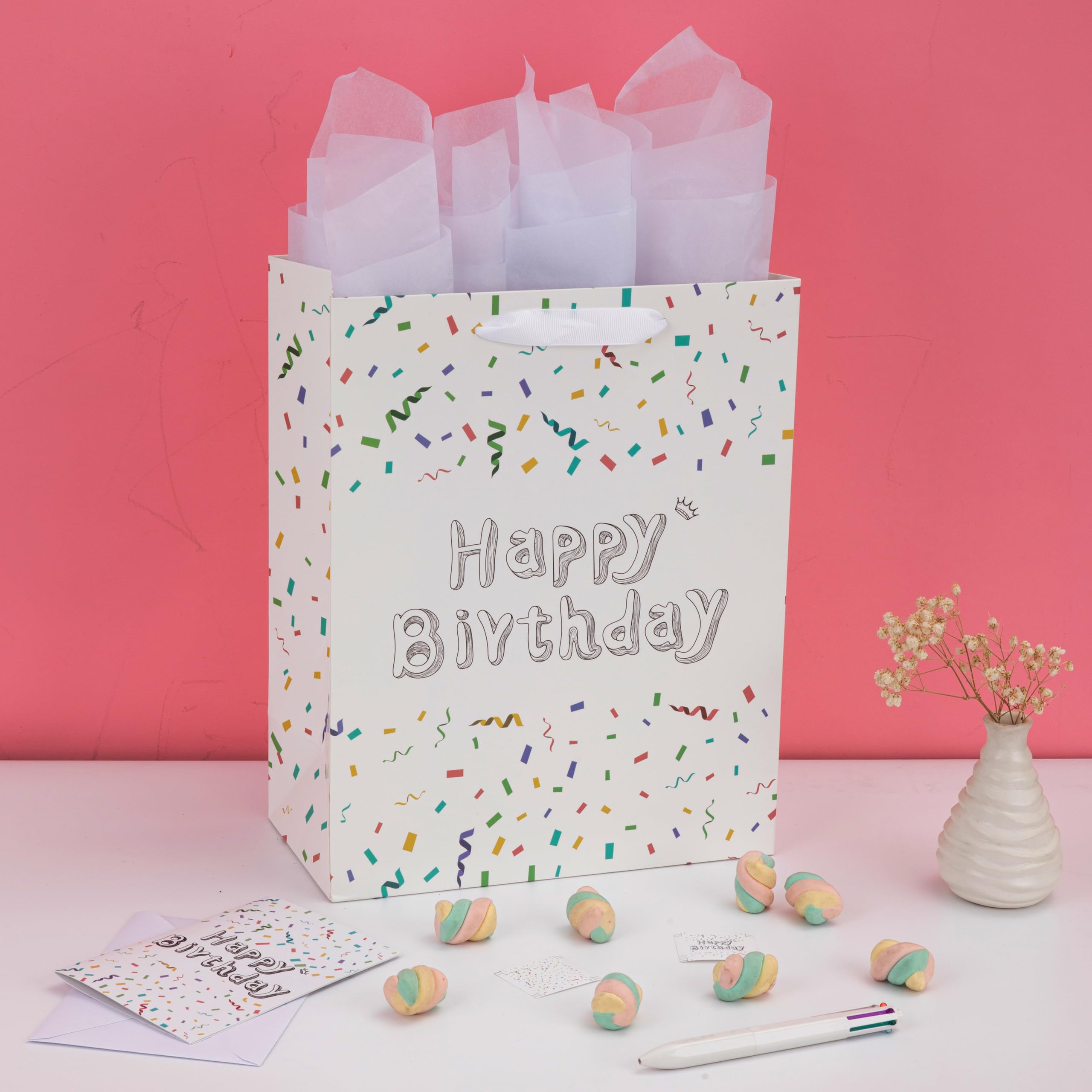 13" Large White Gift Bag Set with Greeting Card and Tissue Papers (Sketch-shaped Happy Birthday) for Women's or Men's Birthday Party, Girls', Boys' or Kids' Birthday Parties, Baby Shower, Baby Girl or Boy -10.2”x5.2”x13”,1 Pcs.