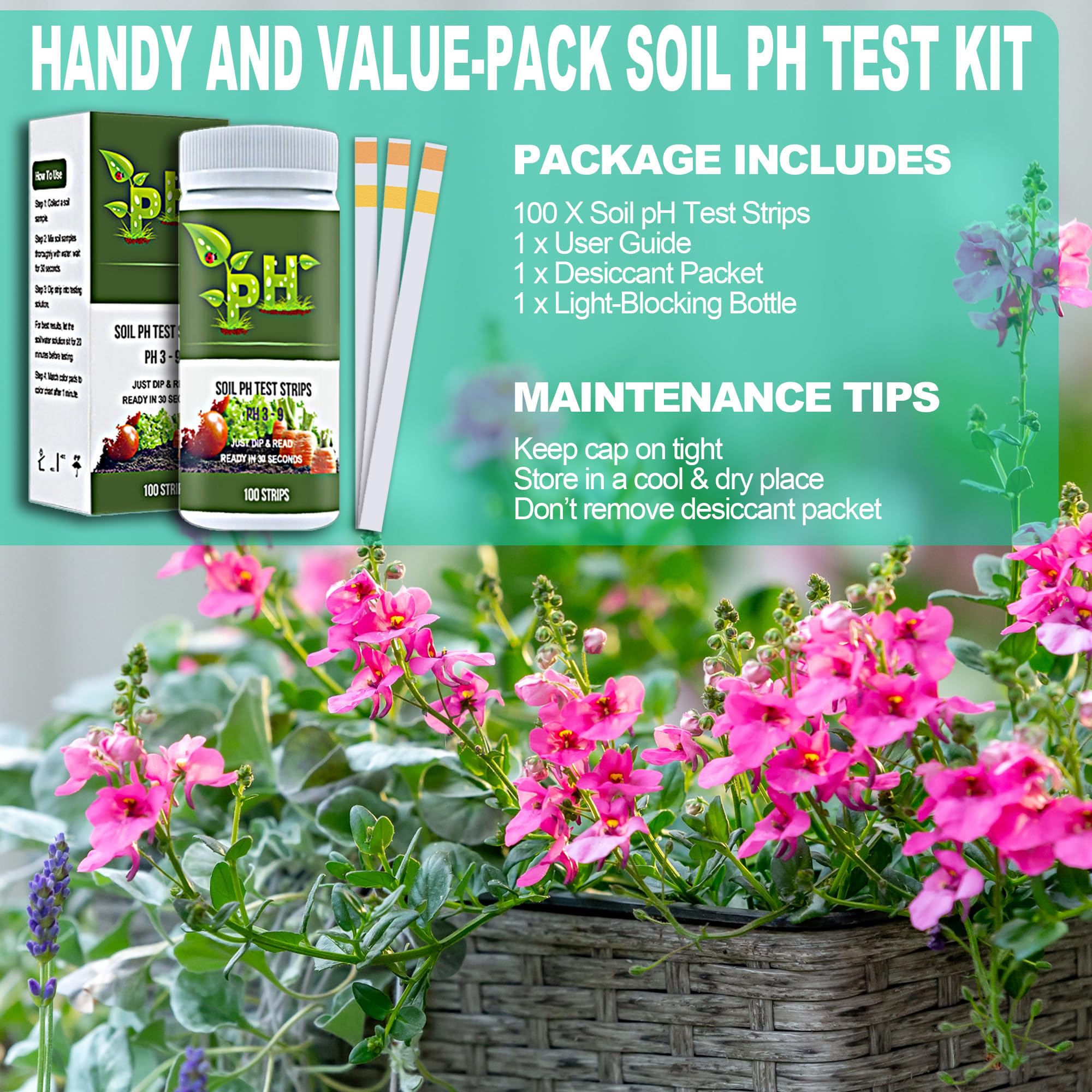 100CT Soil pH Test Kit (3.5-9.0) - Soil pH Test Strips to Test Soil Acidity & Alkalinity of Garden Lawn Grass Vegetable, pH Soil Tester for Garden Soil, Easy to Use for Quick & Accurate Results