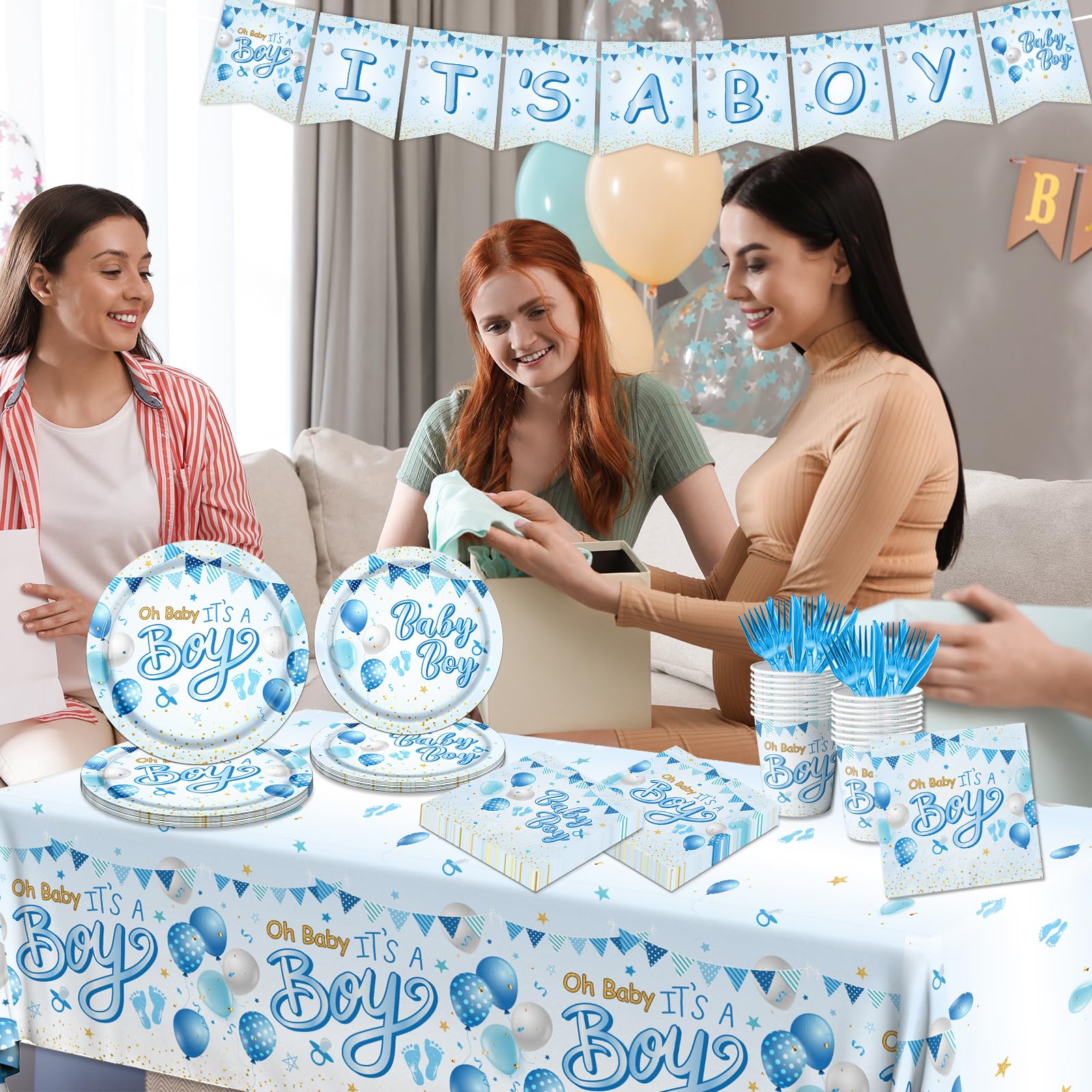 Blue Baby Shower Decorations for Boy, It's a Boy Baby Shower Party Supplies with Baby Boy Plates Napkins Cups Banner Tablecloth for Baby Boy Gender Reveal Baby Shower Party Decor