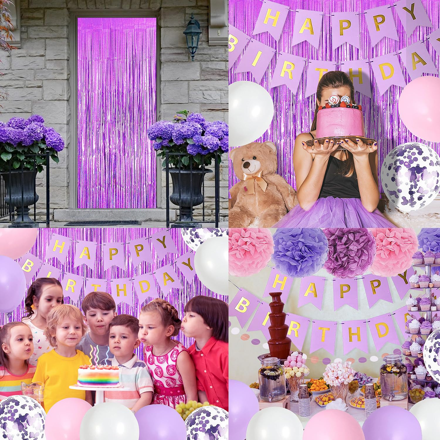 Upgraded Purple Pink Birthday Party Decorations for Women Girls with Happy Birthday Banner,Tissue Paper Pompoms,Circle Dots Garland,Fringe Curtains,Birthday Balloons,Purple Birthday Decor