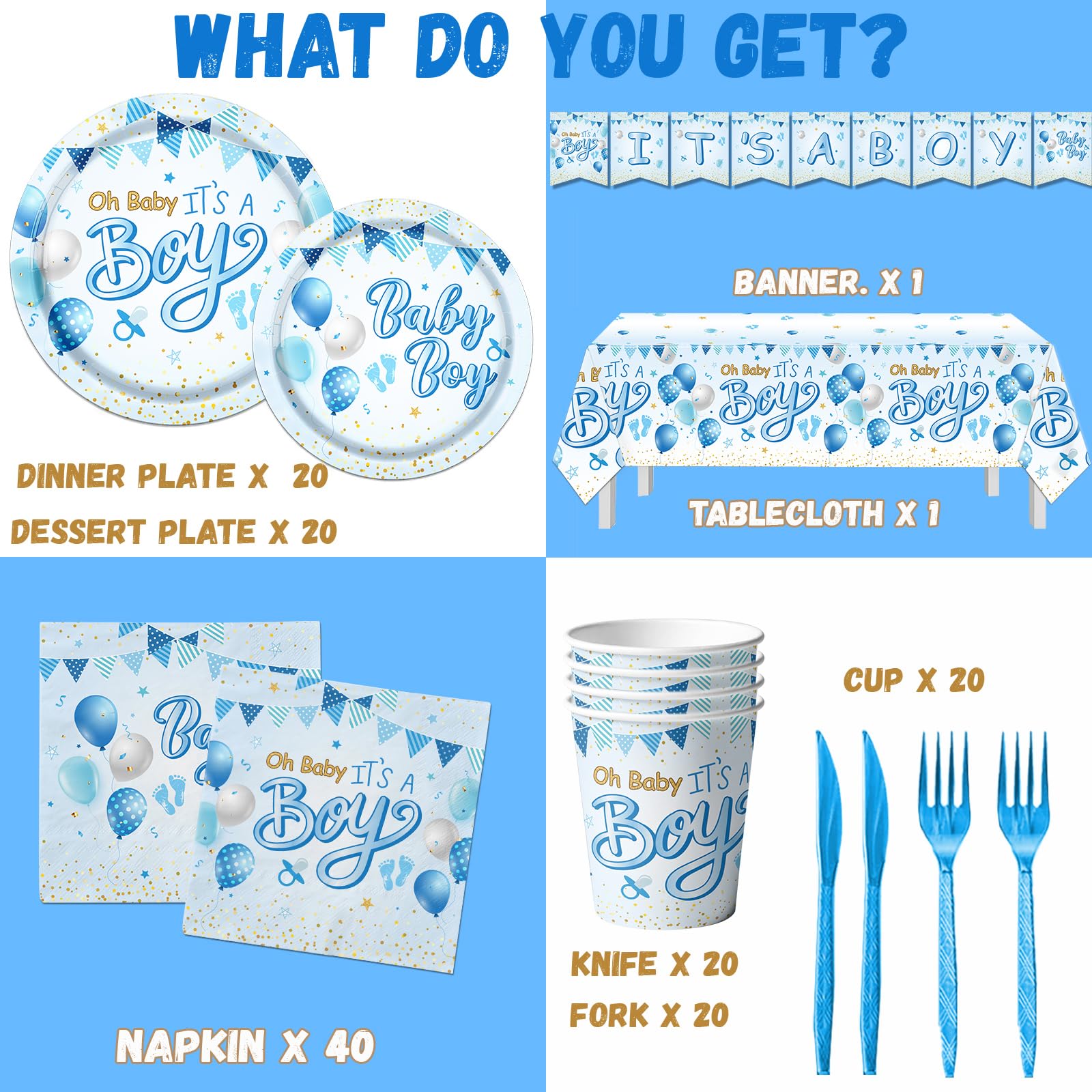 Blue Baby Shower Decorations for Boy, It's a Boy Baby Shower Party Supplies with Baby Boy Plates Napkins Cups Banner Tablecloth for Baby Boy Gender Reveal Baby Shower Party Decor