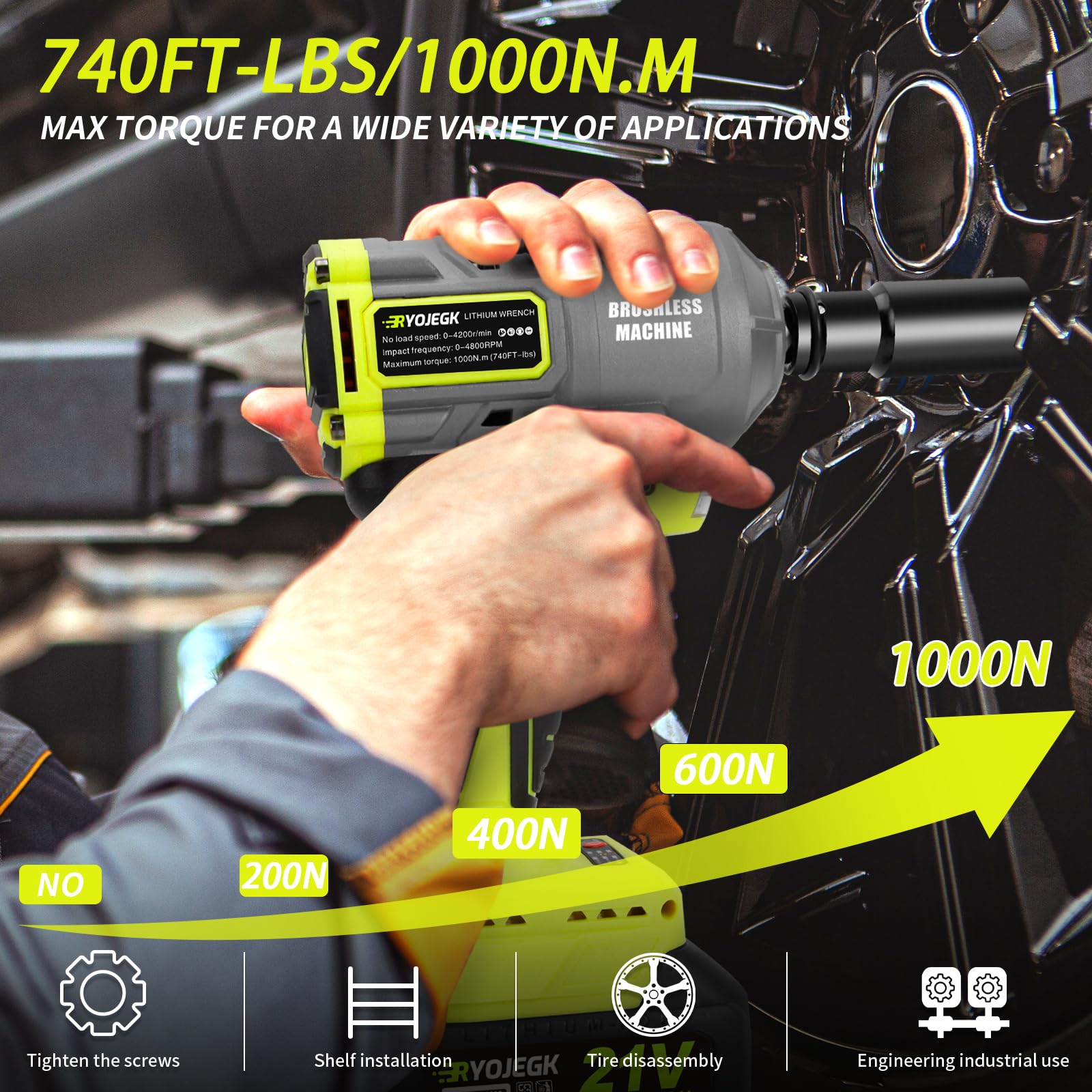 RYOJEGK 1000N.m(740ft-lbs) Cordless Impact Wrench, 21V 1/2”Brushless power Impact Gun, 0-4200 RPM w/ 2 x 4.0Ah Battery & Fast Charger & 5 Sockets, Pistola De Impacto for Car Truck Home