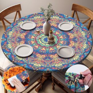 opstellen round tablecloth waterproof fitted boho vinyl table cloth summer fall outdoor circle cover for 36-44" tables dining kitchen apartment essentials picnic camping party decor housewarming gifts