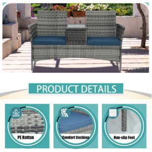 Pierybyt Patio Conversation Furniture Set Outdoor Patio Loveseat Rattan Chair Set with Cushions and Built-in Coffee Table Porch Furniture for Garden Lawn Backyard (Grey-Blue)