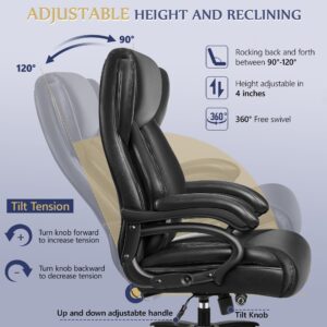 Big and Tall Office Chair 500lbs, Heavy Duty Executive Desk Chair with Adjustable Lumbar Support, Comfy Padded Cushion, Ergonomic PU Leather Home Computer Chair with Extra Wide Seat, Black