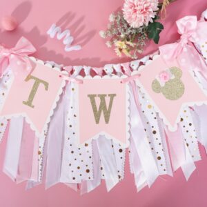 Minnie Mouse 2nd Highchair Banner - Minnie 2nd Birthday Party Decorations,Pink Gold Two High Chair Ribbon Banner,Minnie Mouse Inspired Party Supplies,Sweet Girl Second Birthday Banner Photo Props