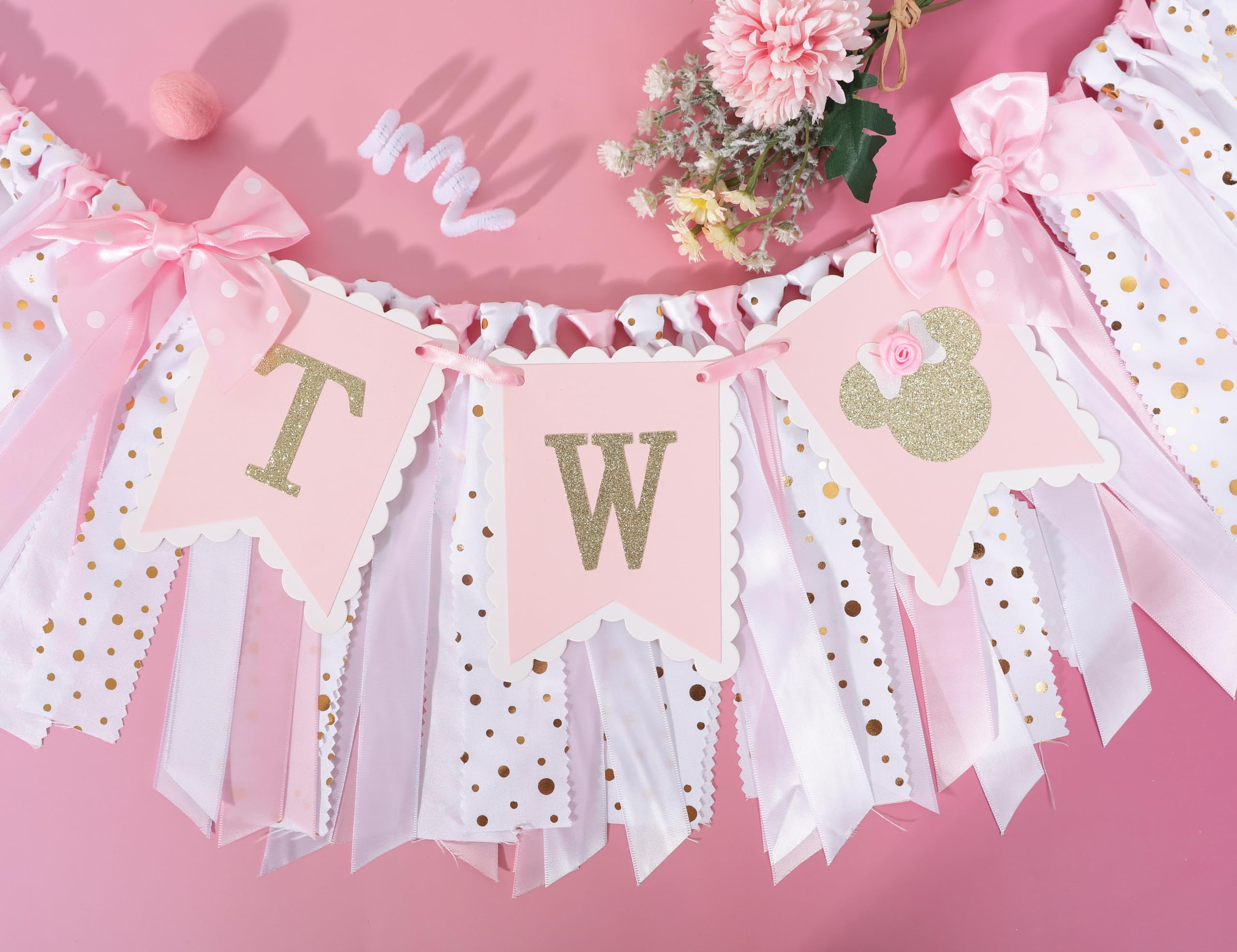 Minnie Mouse 2nd Highchair Banner - Minnie 2nd Birthday Party Decorations,Pink Gold Two High Chair Ribbon Banner,Minnie Mouse Inspired Party Supplies,Sweet Girl Second Birthday Banner Photo Props